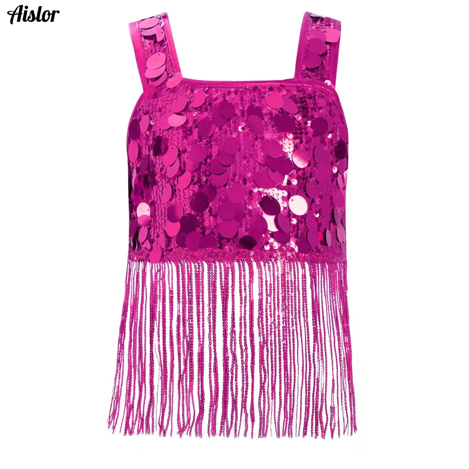 

Kids Girls Shiny Sequins Dance Top Camisole Hip Hop Jazz Latin Belly Dance Clothes Wide Shoulder Straps Tassels Top Vest Shirt