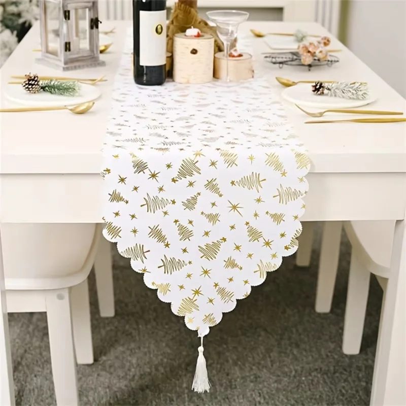 Simple Light Luxury Table Runner Christmas Tree Five Pointed Star Pattern Table Runner Festival Desktop Decor Table Runner