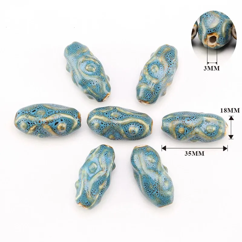 35mm 2pcs Pattern Oval Ceramic Beads Circular Cone Porcelain Beads Loose Spacer Beads for Jewelry Making DIY Bracelet Necklace