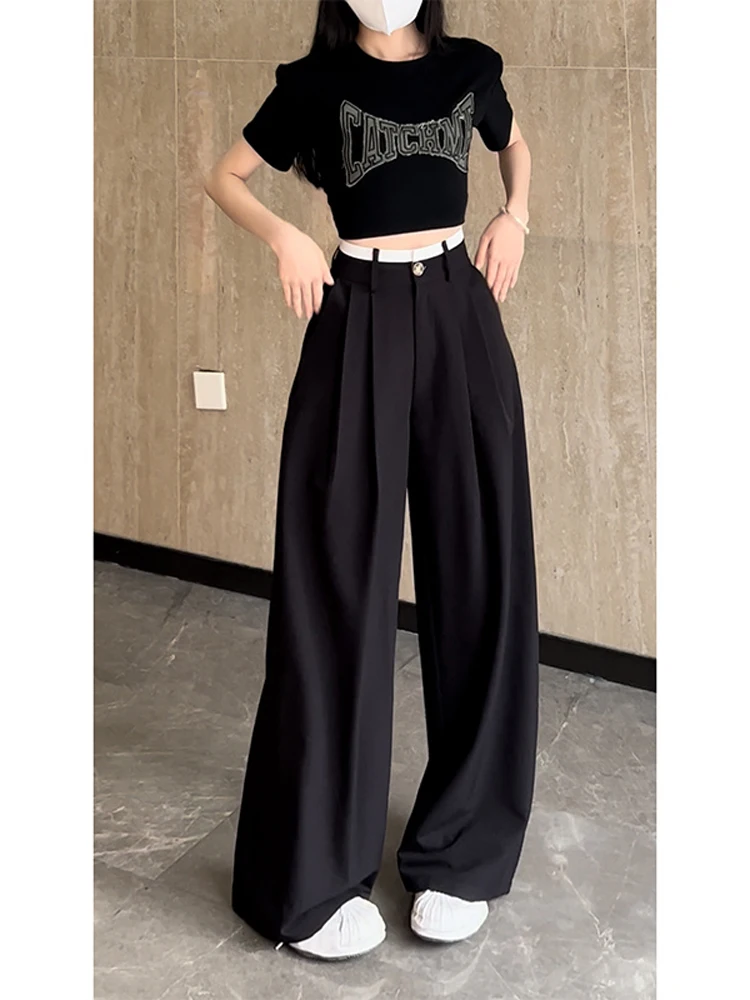 

Американские брюки-костюм с высокой талией и широкими штанинами для женщин, летние, новые, свободные, повседневные, в стиле колор-блок, в пол, стройнящие