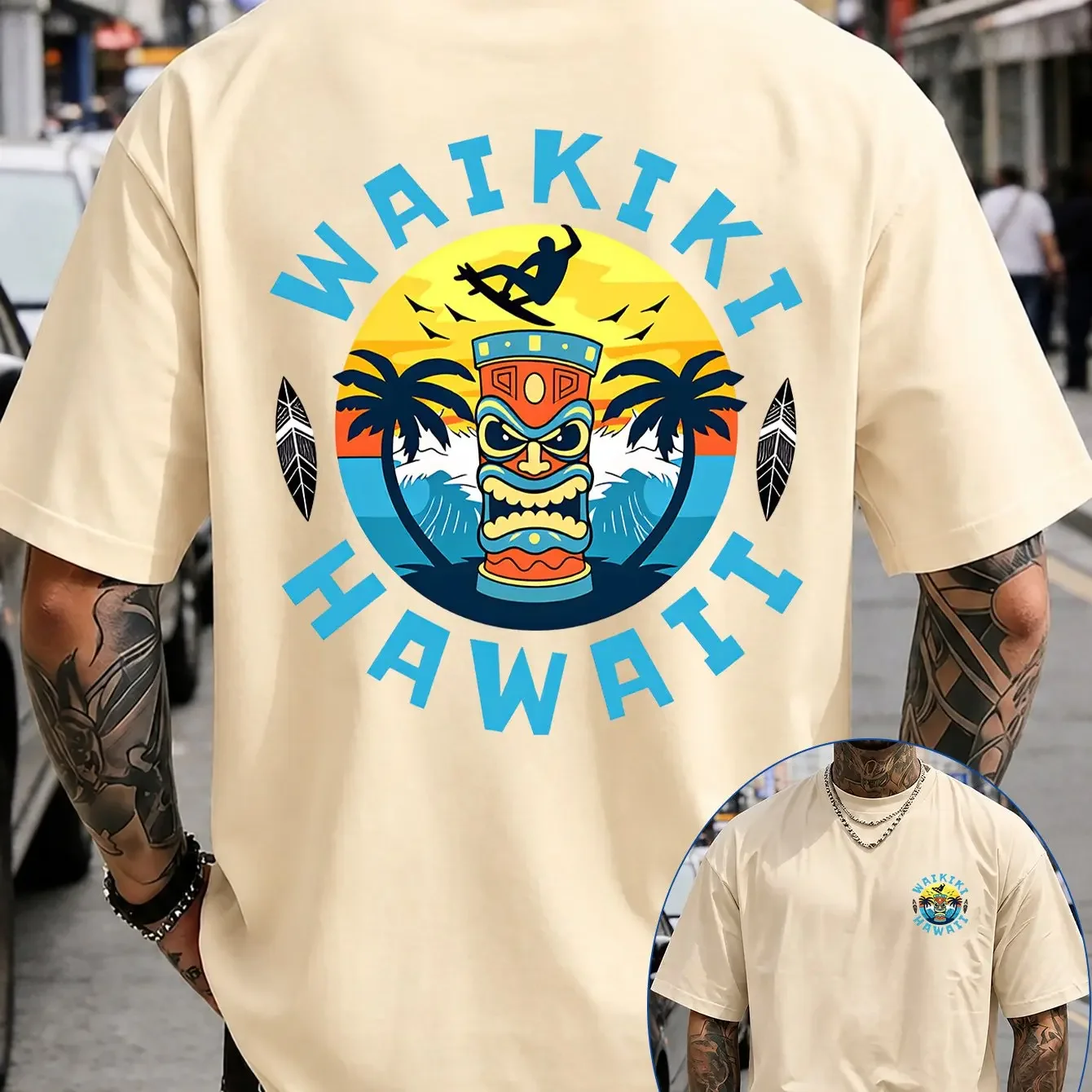 Waikiki Hawaiian Totem Surfing Print Men'S Casual T-Shirt Versatile Fashion Short Sleeve Men'S Top Trendy Individual  Design