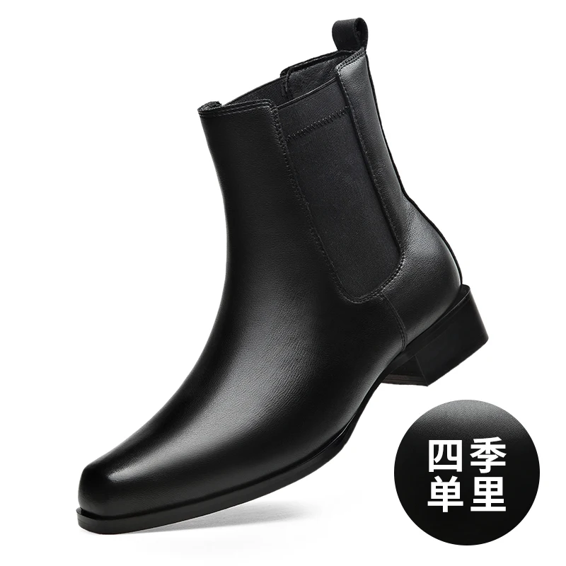 Ankle Boots Mens High Rise Mid Length Winter Plush Cotton Shoes High Cut Genuine Cowhide British Business Leather Chelsea Boots