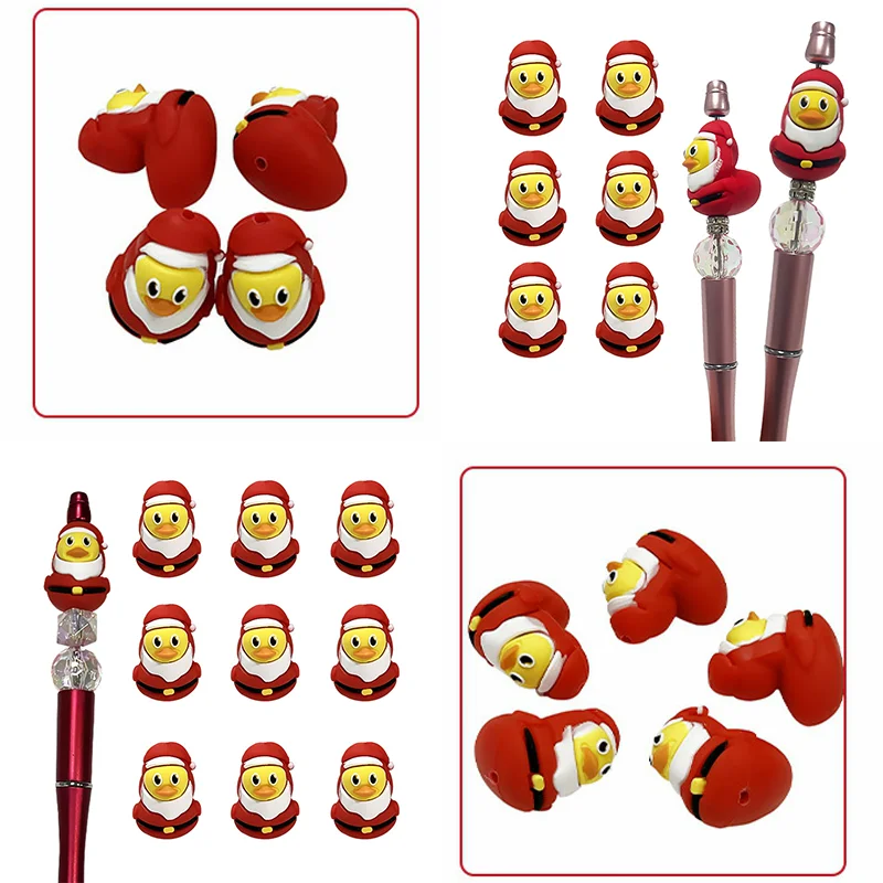 10Pcs Silicone Beads 3D Cartoon Duck Focal Beads Loose Round Bead DIY Beaded Pen Keychain Pendant For Jewelry Making