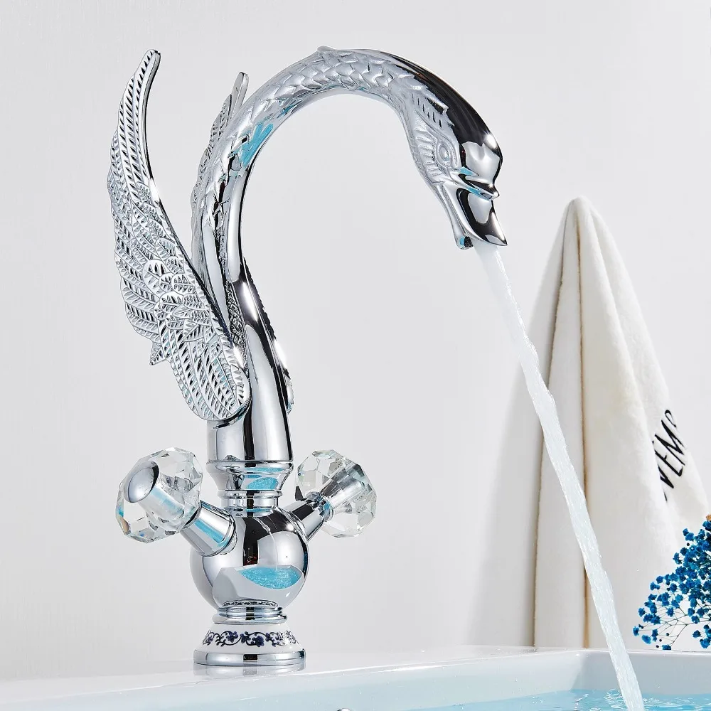 

Хромированный лебедь, смеситель для раковины в ванной комнате, 1-луночный смеситель для раковины с двойной ручкой