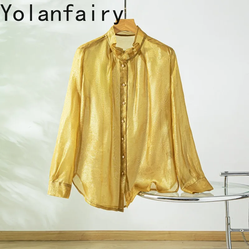 YOLANFAIRY 100% Real Mulberry Silk Shirts for Women Fashion Long Sleeve Blouses Woman Elegant Stand Collar Organza Jacquard Tops