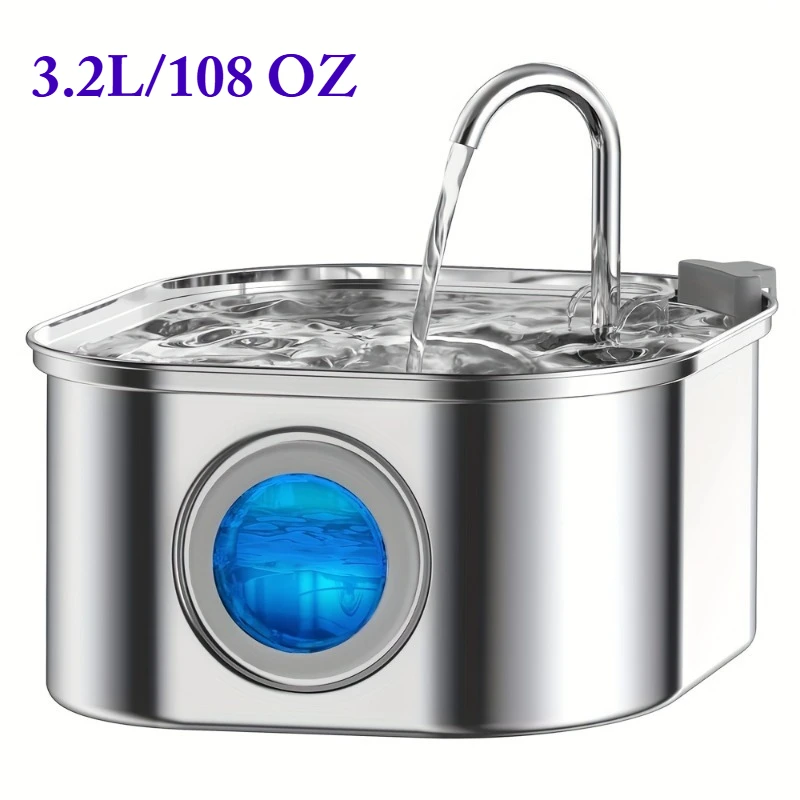 

3.2L Cat Fountain Smart Dog Water Dispenser 304 Stainless Steel Pet Water Feeder Auto Visual Window Drinking Bowl Pet Accessorie