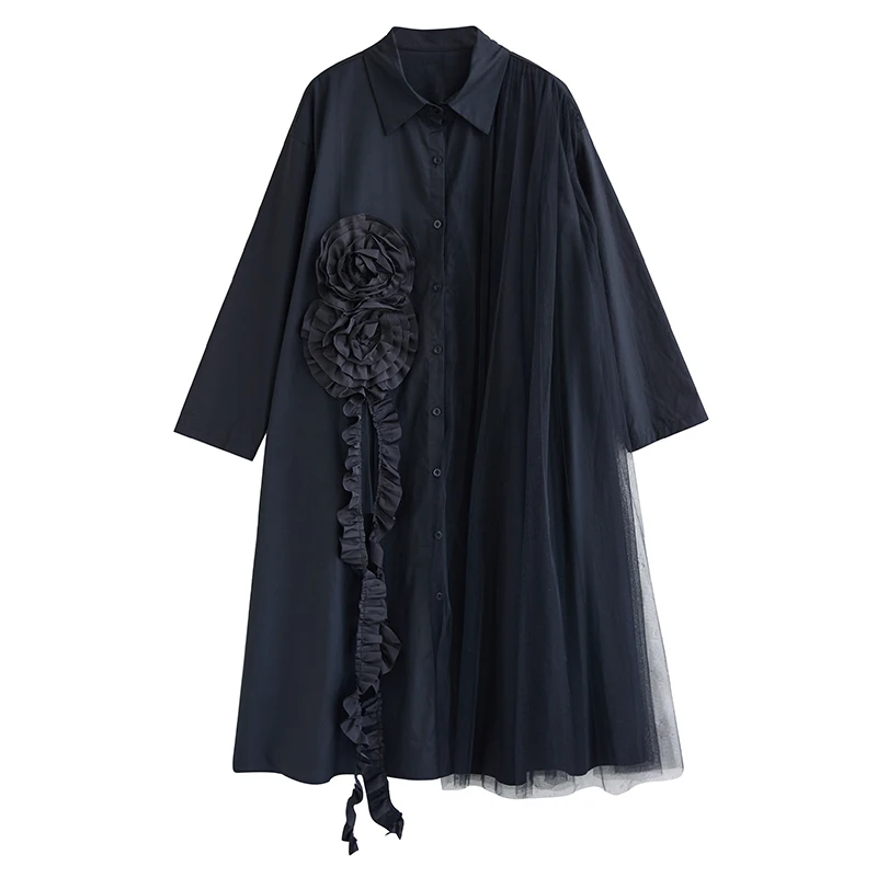 NYFS 2025 خريف جديد فضفاض حجم كبير خمر أسود اللون واحدة الصدر قميص فستان رداء قصير الأكمام غير النظامية فستان المرأة