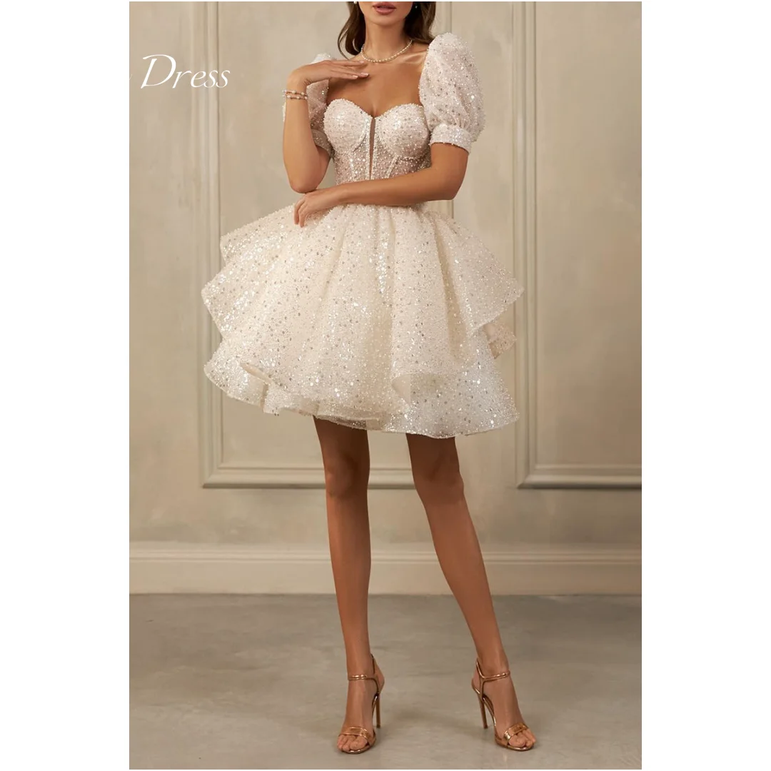 

Anna Evening Luxury Dress 2024 Square Short Sleeve A-Line Shiny Mini Wedding Dress Elegant Evening Party Dresses