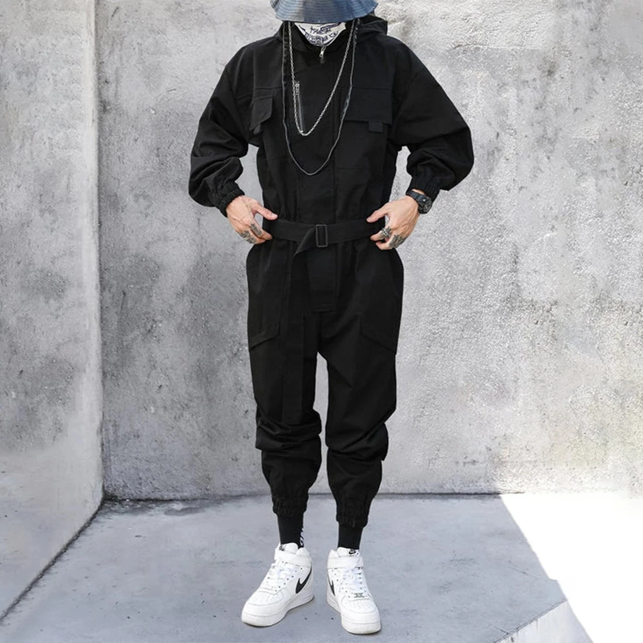 Black Functional Multi Pocket Hooded Cargo Bodysuit Men's Harajuku Hip Hop Creative Band Pants Men's Street Dress