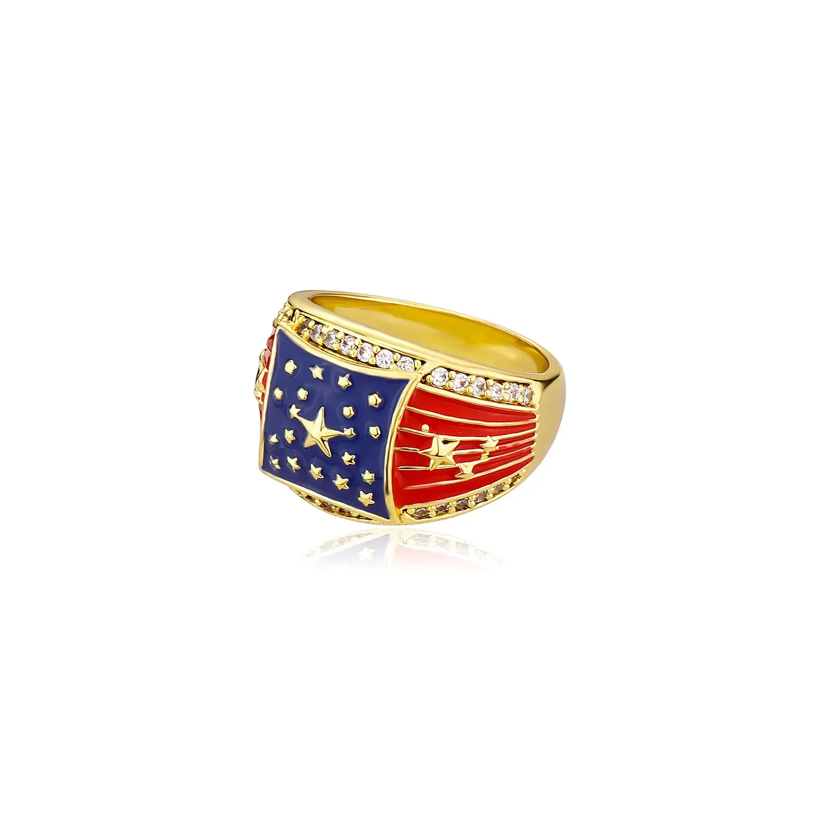 

Wholesale Dripping Oil American Flag Rings Iced Out Cubic Zircon Ethnic Jewelry Silver Gold Color USA Flag Men Ring