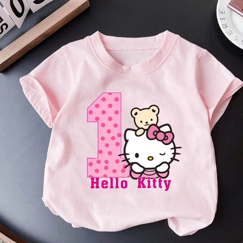 

2025 New Disney Hello Kitty Birthday Short Sleeves Fashion Printed Boys and Girls Summer Clothes Short Sleeves Baby Cotton