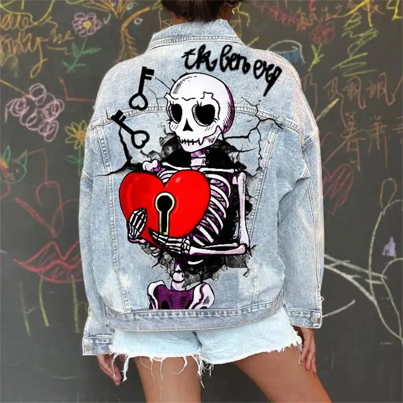 

Jacketladies Denim New Stylewomen's New Retro Skull Bones Butterfly Printed Foreign Trade Denim Jacket Washing Casual Coat