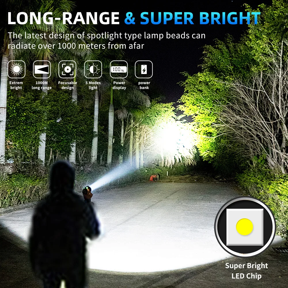 1600000 LM Super Bright Flashlight USB Rechargeable LED Long Range Tactical Torch Outdoor Waterproof Camping Fishing Lantern