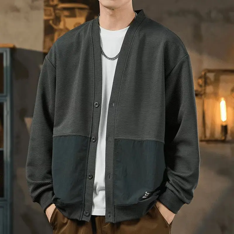 Men's Striped Open Front Cardigan Sweatshirt Casual Loose Fit Single Breasted Shawl Collar Long Sleeve Spring Autumn Daily Wear