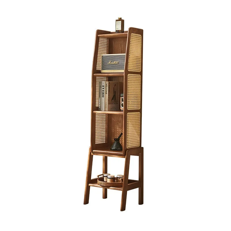 Medium and retro style solid wood bookshelf, floor-to-ceiling rattan bookcase, multi-layer storage bedside storage display