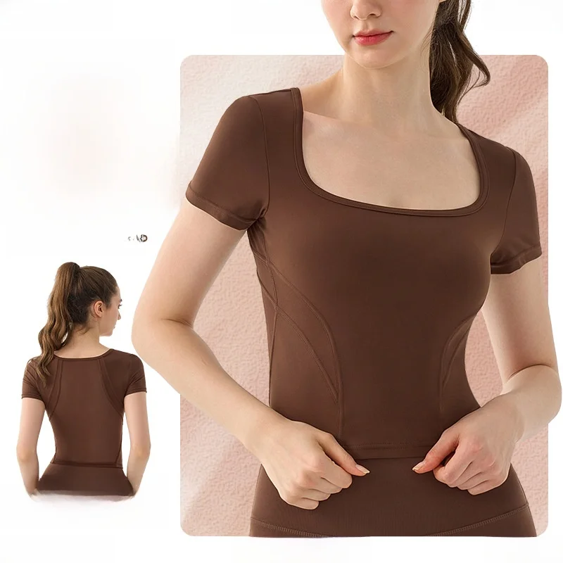 

Женская футболка для йоги с U-образным вырезом и короткими рукавами, летняя сексуальная спинка, вращающийся топ для пилатеса и фитнеса