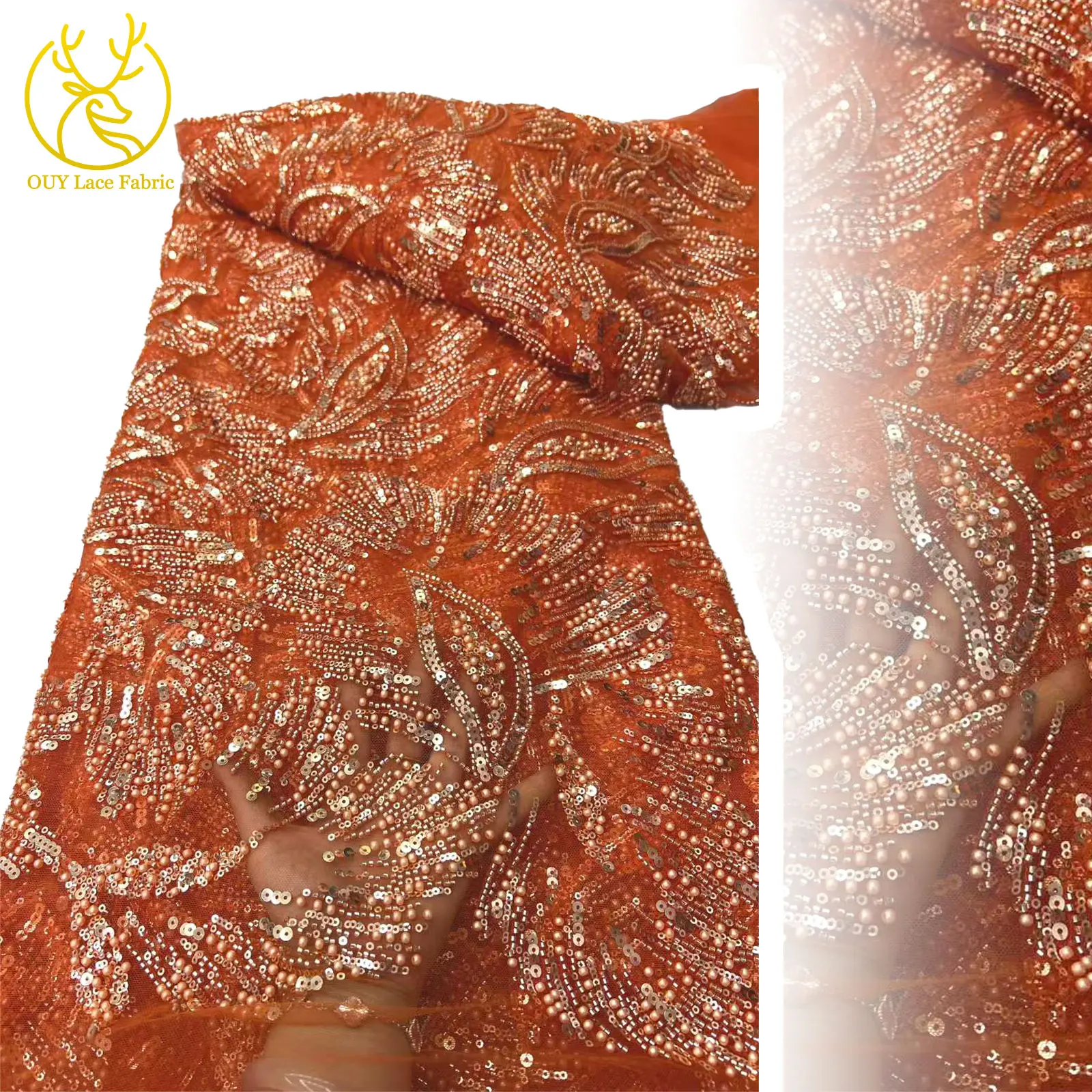 Arancione Europeo Nuovo Design In Rilievo Maglia Tessuto di Pizzo Africano Francese Paillettes Tulle Tessuto di Pizzo Abiti da Sposa Cucito da Donna
