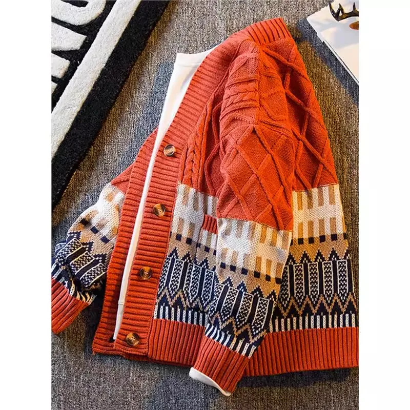 

Retro Fce Lined Knitted Sweater Men's Cardigan Thiened Autumn New Sle Trendy Brand Couple Outerwear Soft Polyester