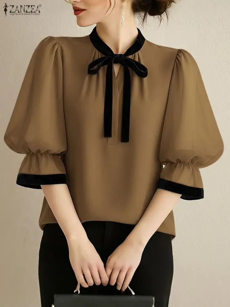 ZANZEA 우아한 여성 OL 작업 블라우스 여름 오피스 셔츠 세련된 튜닉 3/4 러플 슬리브 패치워크 블라우스 캐주얼 레이스업 탑