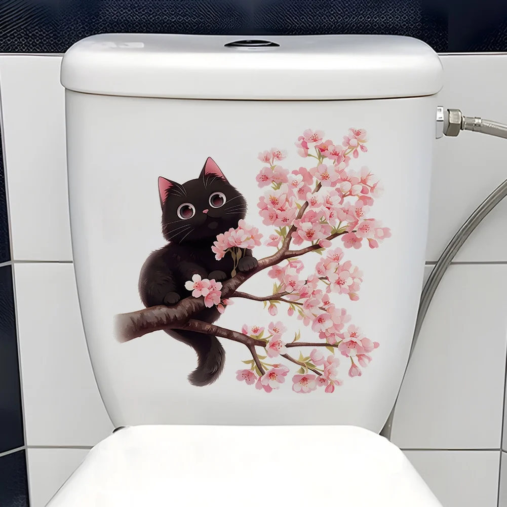 PVC Black Cat Wall Decal Featuring For CHERRY Blossom Pattern Removable Self Bonding Sticker for Bathroom Decoration