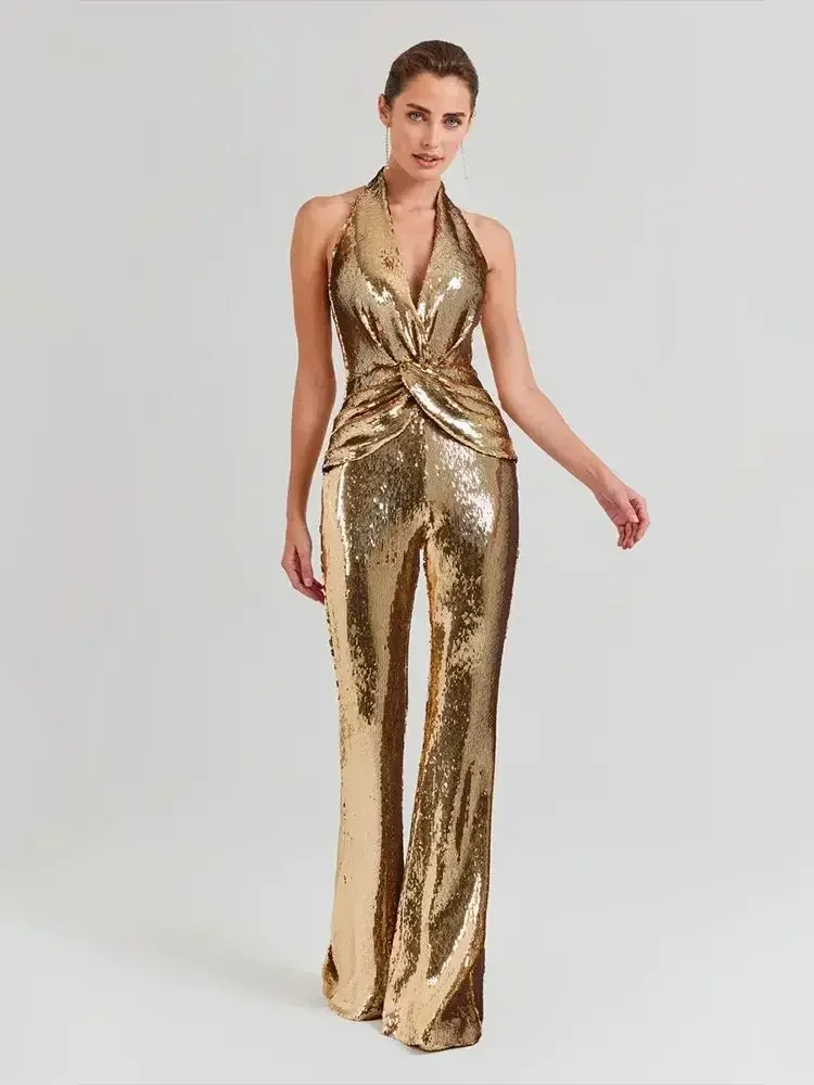 DEIVE TEGER  2024 New Summer Women\'s Gold Sequins Luxury Tight jumpsuit Sexy Deep V-neck Off Back Pants Elegant Party jumpsuit