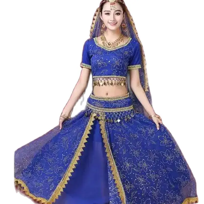 

1set/lot woman belly dancing loth Indian Dance Costume Set chiffon skirt top coin belt free size