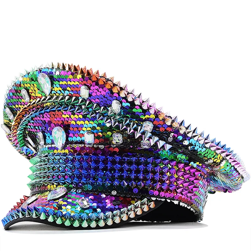 NEW Colourful Sequin Rhinestone Steampunk Military Hat Women Men Captain Cap Bridal Hat Festival Birthday Music Party Stage Hat