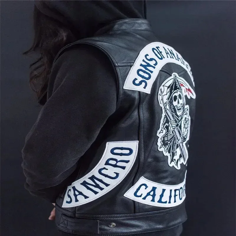 

New ★ Leather Men Motorcycle Cosplay Costume Sleeveless Jacket Sons An Embroidery Rock Punk PU Vest V Neck★ 2025 qi☆