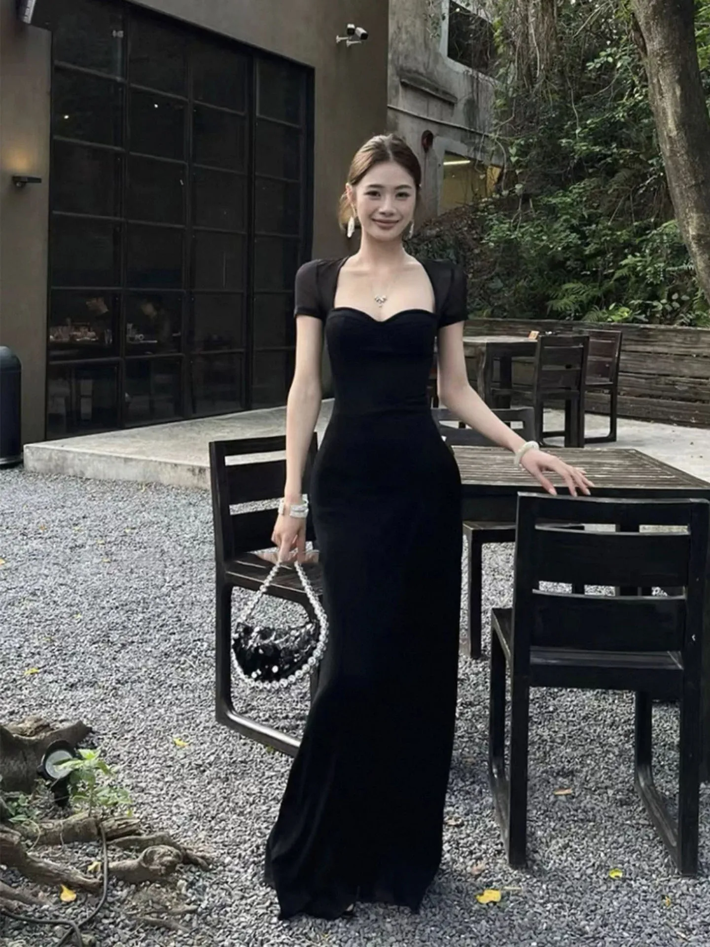 

XZY Hepburn Style plus Size Black Square Collar Dress Women's Summer Vintage Tailored Gown High Waist Fish Tail Skirt