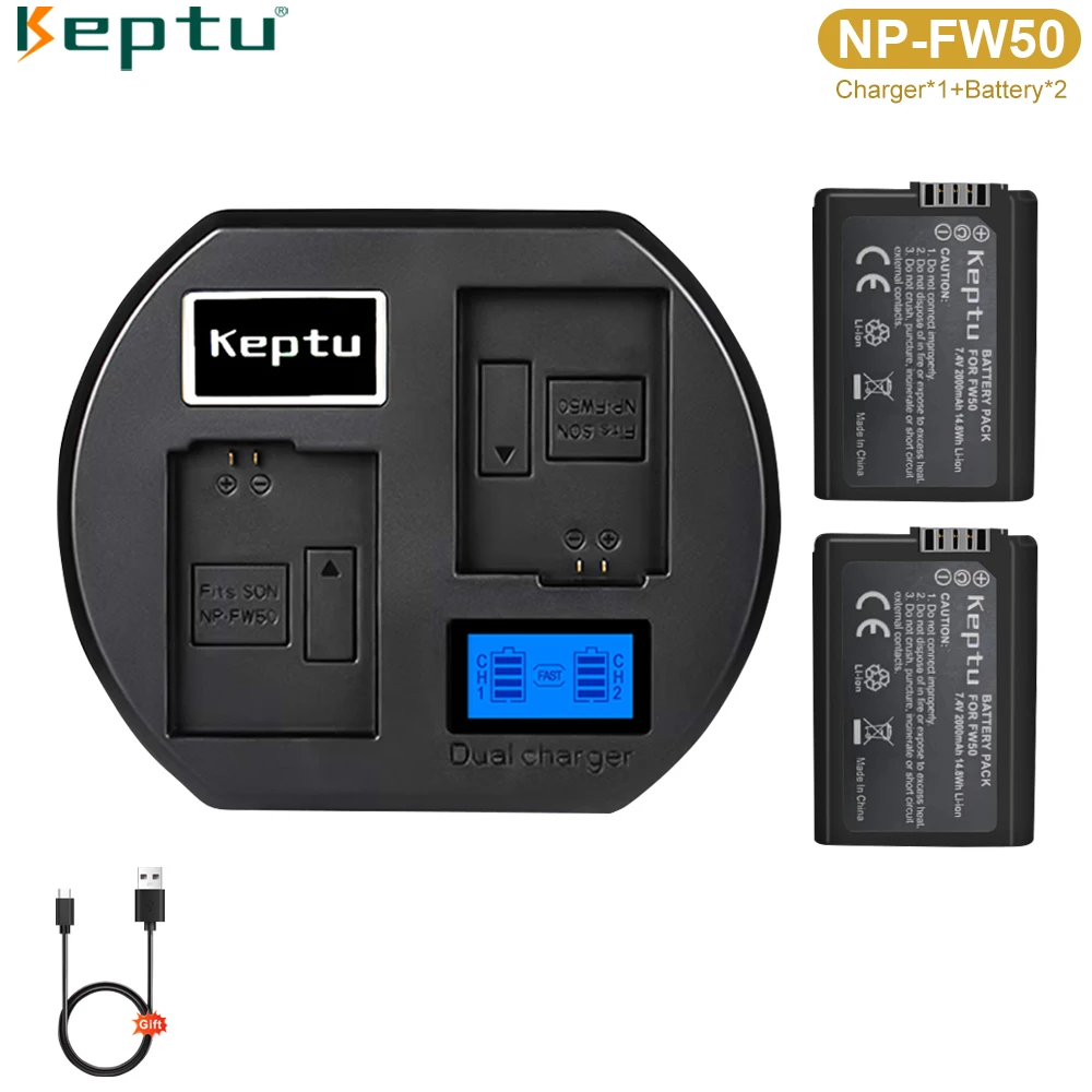 KEPTU 2000mAh NP-FW50 NP FW50 Camera Battery + LCD USB Dual Charger for Sony Alpha a6500 a6300 a6000 a5000 a3000 NEX-3 a7R ZV-e1