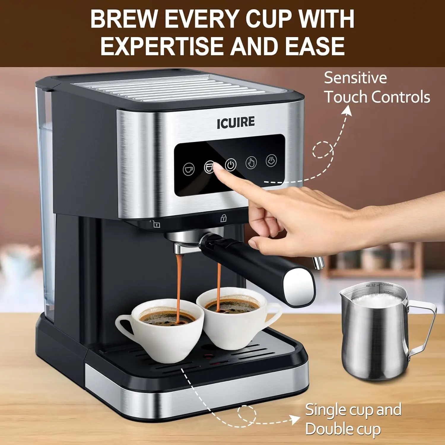 Máquina de café expresso de 20 bares com jarro de espuma de leite, tanque de água removível de 1,5L, máquina de café semiautomática com varinha de vapor