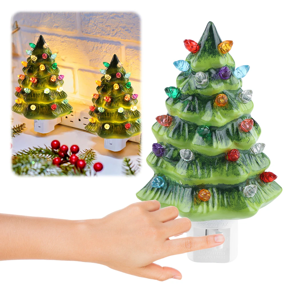 1-2Pcs Resin Christmas Tree Night Light,Vintage Christmas Tree Wall Plug in Night Light,Hand Painted Resin Xmas Tree  Nightlight