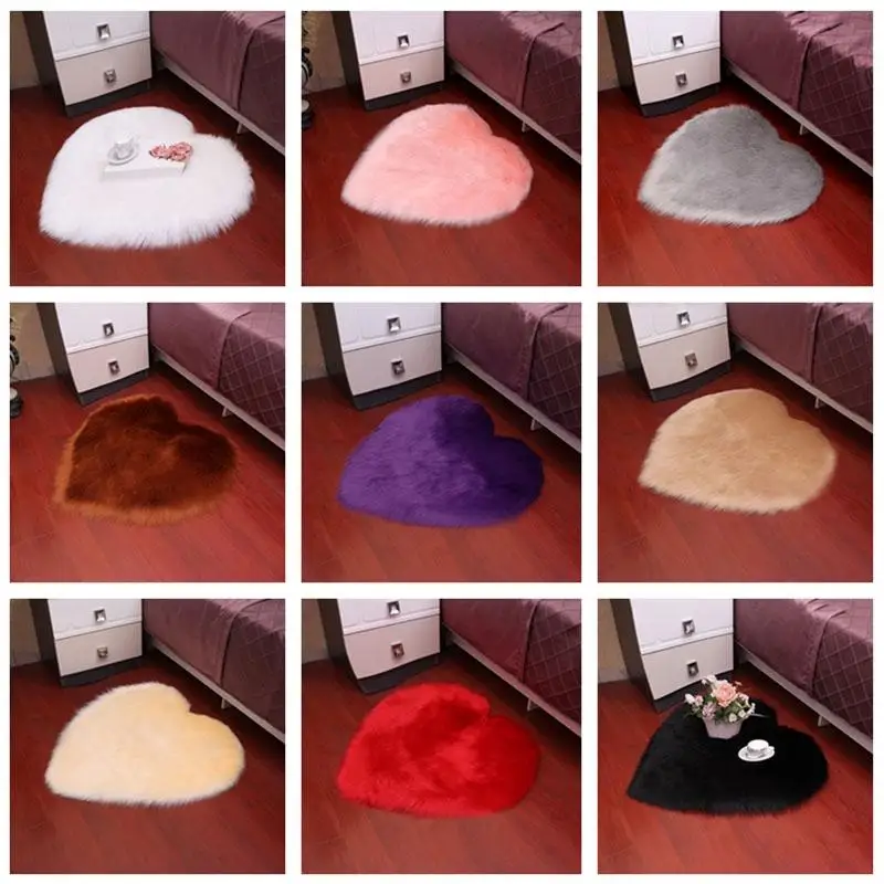 1pcs Mini Love Heart Rugs Artificial Wool Sheepskin Hairy Carpet Gorgeous Home Bedroom Decoration Carpets Soft Non-slip Mat