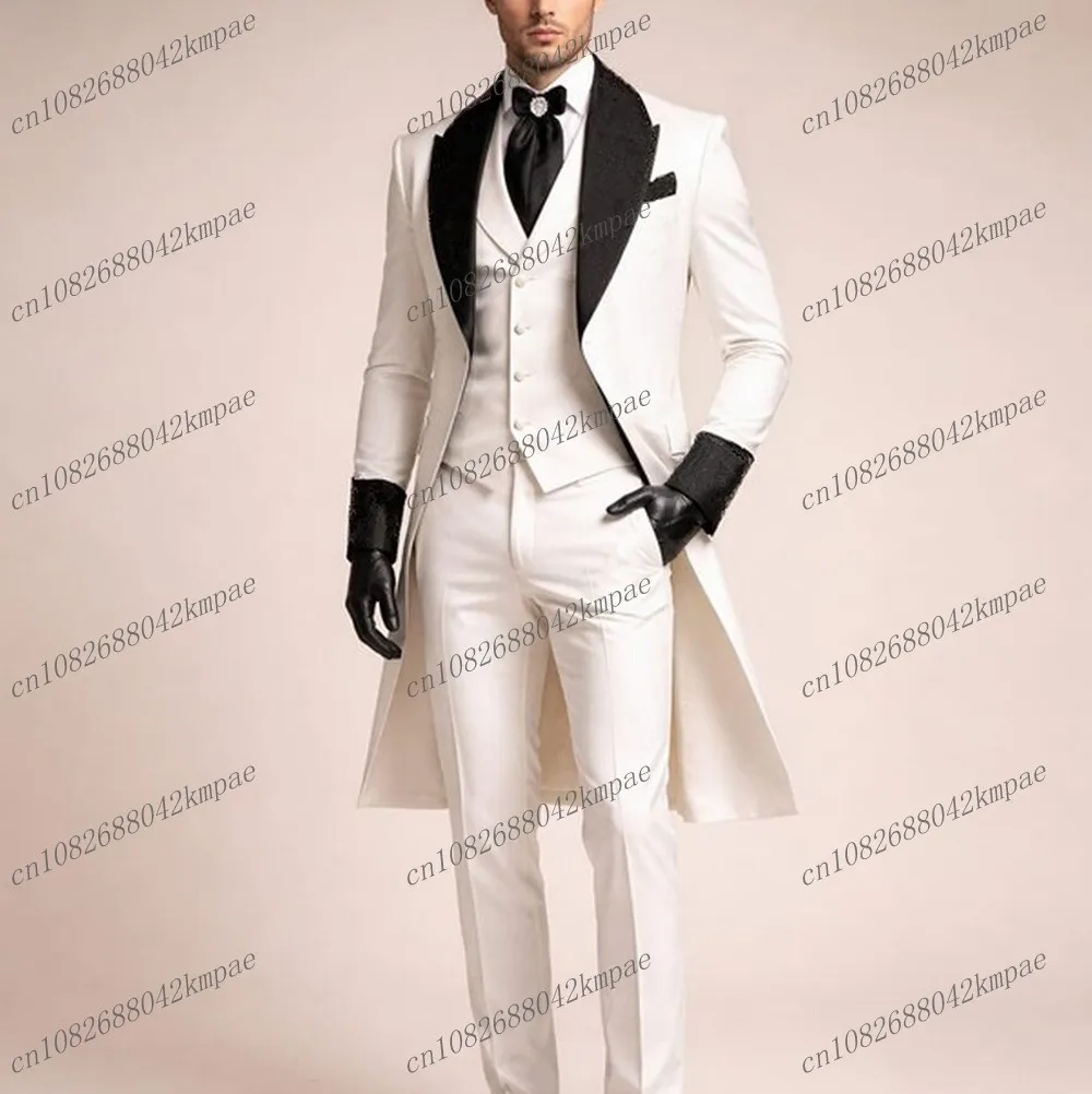 

White And Black Formal Long Men Suit Groom Groomsman Wedding Party Prom Business Male Tuxedos 3 Piece Set Blazer Vest Pants