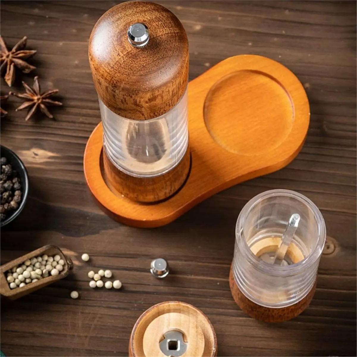 8 in Manual Salt and Pepper Grinder, Solid Wood Spice Shaker Mill with Base, Refillable Wooden Grinder for Kitchen Tools