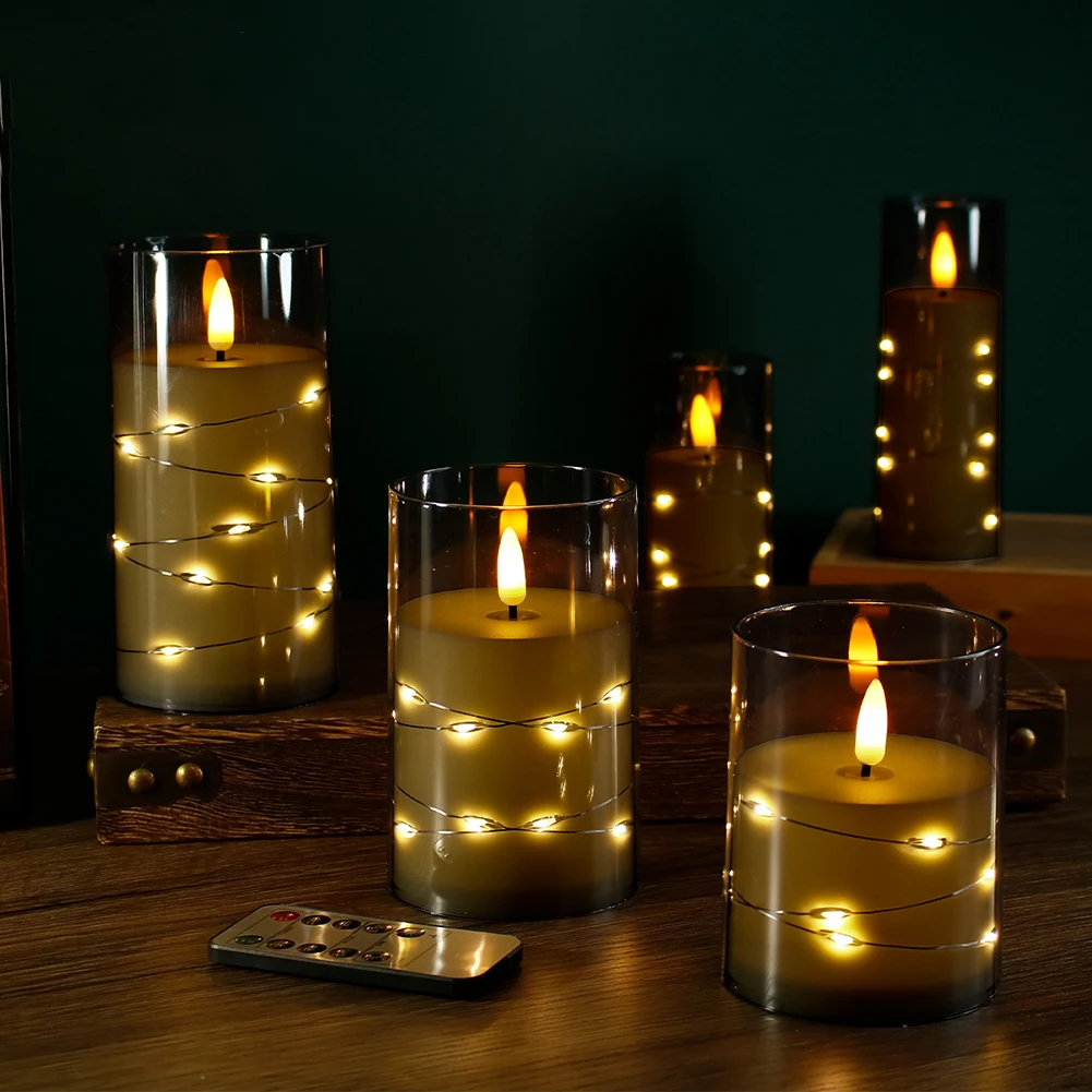 3Pcs Flickering Flameless LED Electronic Candle Battery Operated with Embedded Star String For Birthday Wedding Party Decoration