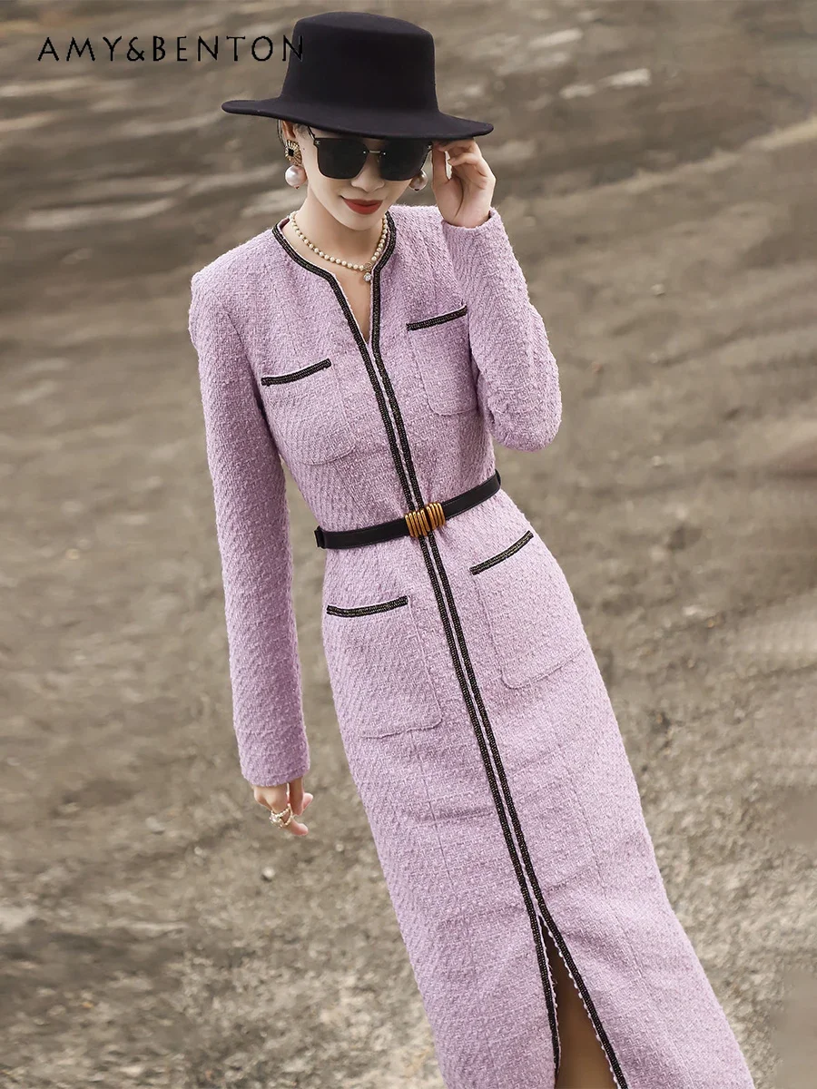 2024 Winter New Temperament High End Slim Black Tweed Hip Dress for Women Graceful Socialite V Neck Split Mid-length Dresses image 6