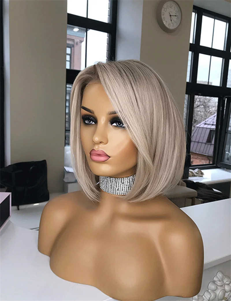 High Quality Short Side Part Bob Synthetic Wig Platinum Blonde Rooted Lace Wig Curly Lace Front Wig most natural hairline