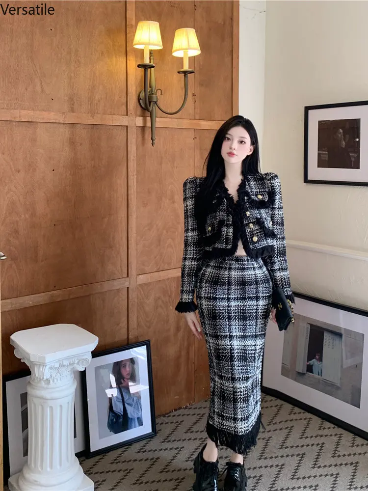 Plaid Celebrity Style New Suit Women Fashion Elegant Long-sleeved Short Coat High Waist Hip Wrap Long Skirt Two-piece Set Winter