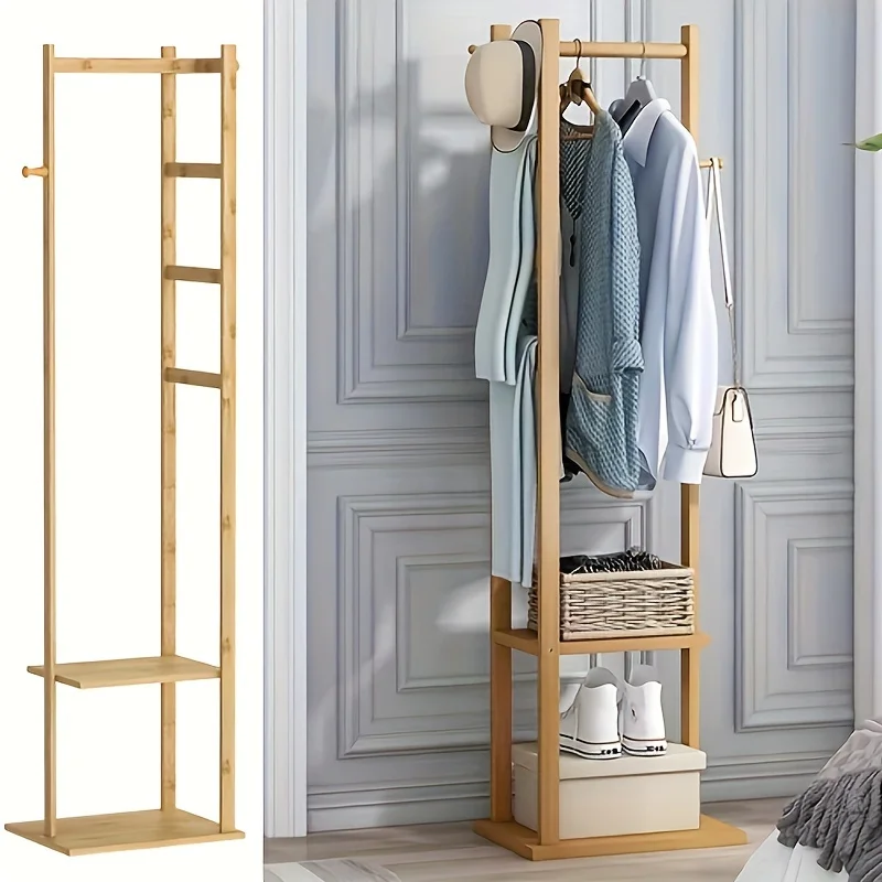 

Bamboo Space Saving Corner Coat Rack - L-Shaped Entryway Organizer with Shelves & Hooks, Bedroom Storage Solution