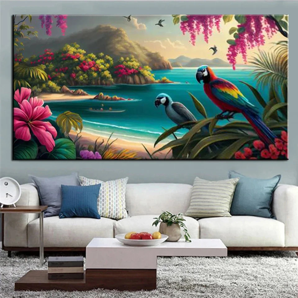 5D Diy Diamond Painting Seaside Jungle Parrot landscape Full Square/Round Rhinestone Mosaic Embroidery Cross Stitch Kit V731