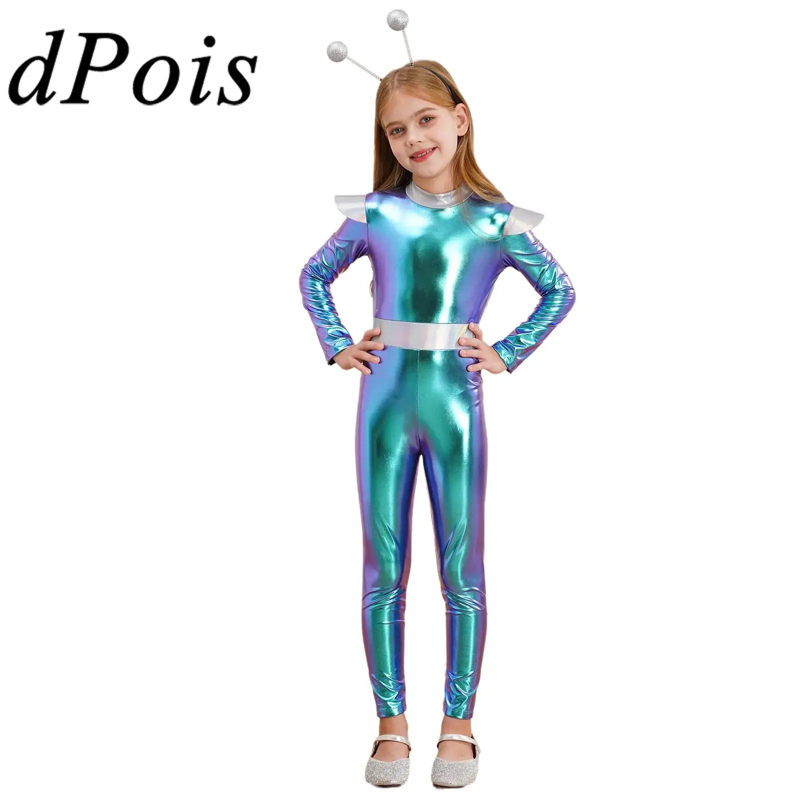 Girls Alien Cosplay Costume Astronaut Robot Bodysuit Halloween Outer Space Fighter Carnival Fancy Roleplay Dress Up Jumpsuit