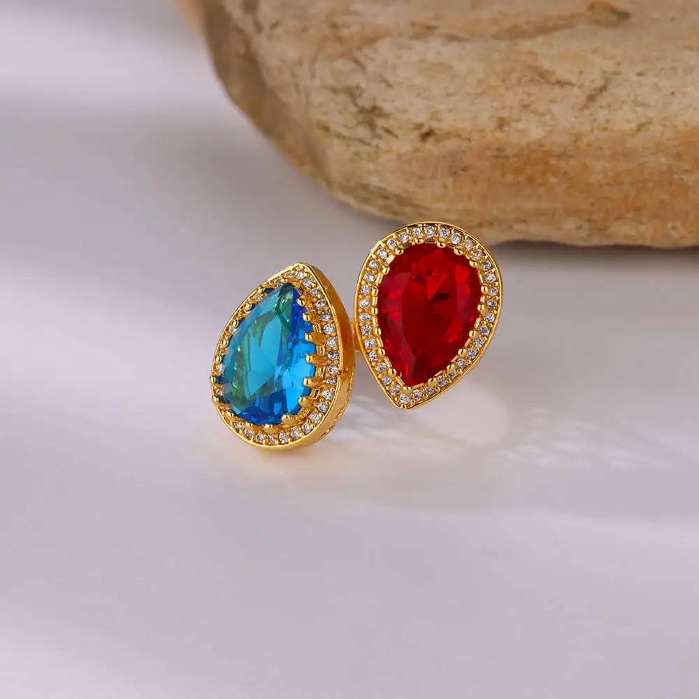 Luxury Blue and Red Cubic Zircon Rings for Women Gold Color Water Drop Adjustable Wedding Ring Aesthetic Party Jewelry anillos