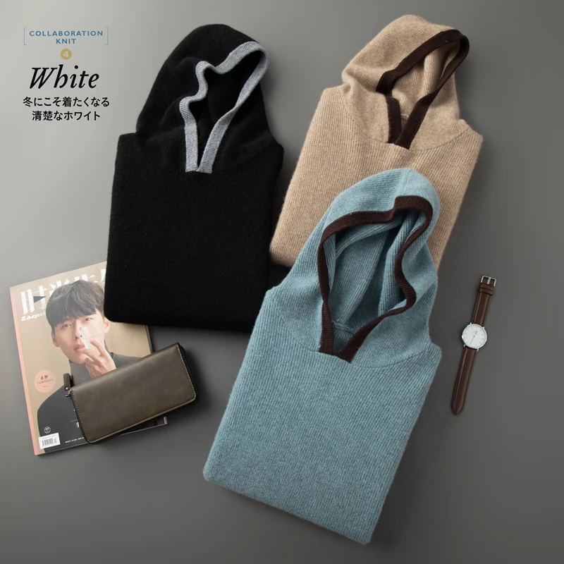 

Autumn and winter new cashmere sweater Men's 100% Pure Cashmere Sweater Casual Loose Knit Hooded Sweatshirt 2023 Autumn Winter