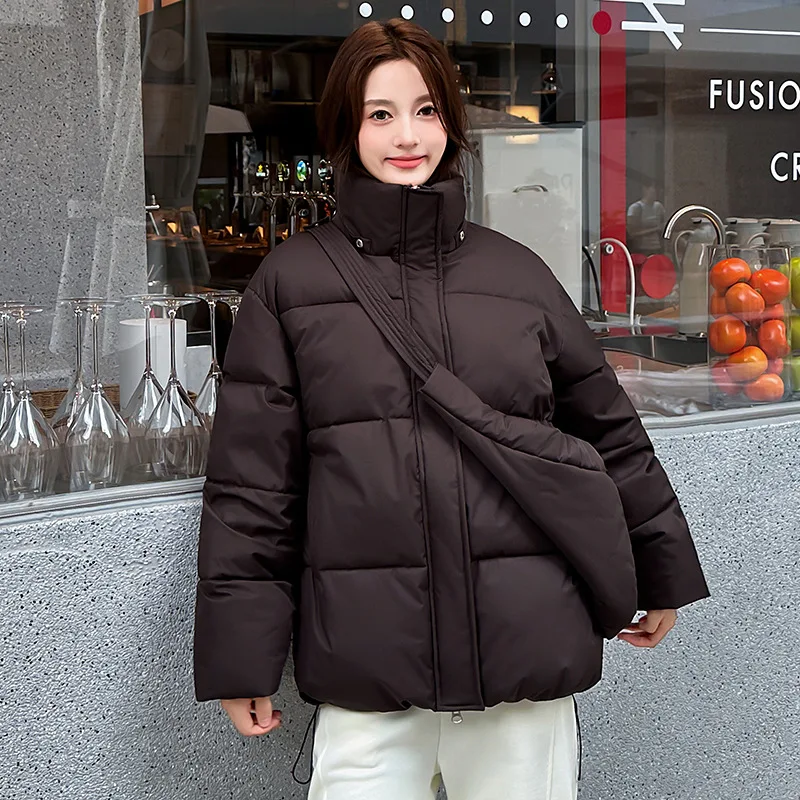 Loose Fit Puffer Jacket Women Detachable Hood Zipper Closure Drawstring Hem Stand Collar Casual Autumn Winter Outerwear