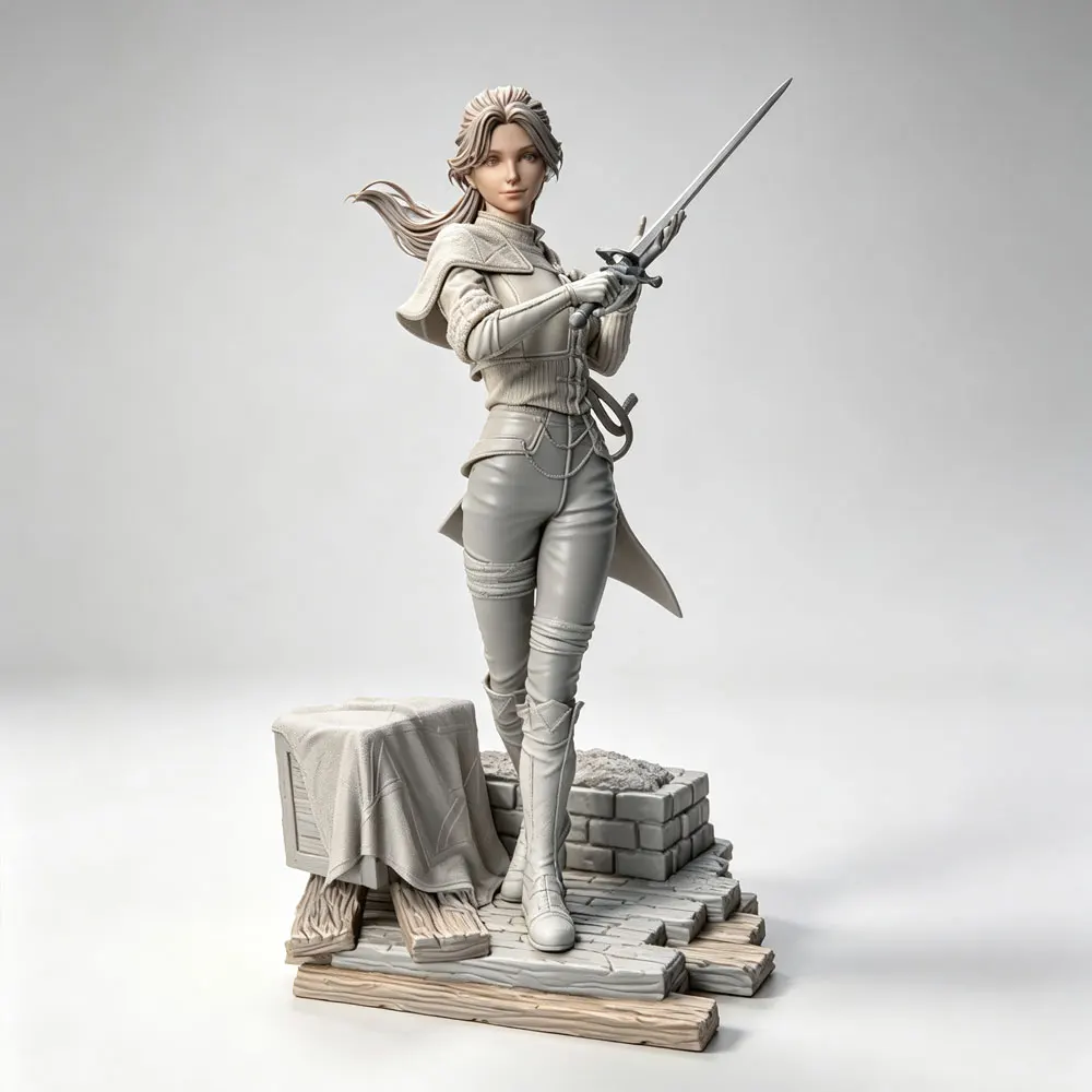 1/24 Desk ornament,Fantasy style female ranger, sword-holding posture resin model kit, 3D printed gray statue, not colored