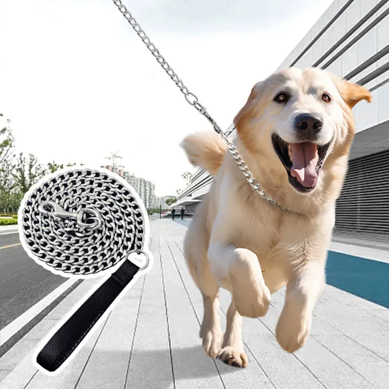 Bissfeste Eisenketten-Leine 120CM Metall-Hundekette Hundeleine Metall-Trainingsleine mit Weichem Griff für Mittelgroße und Große Hunde – Detail 1