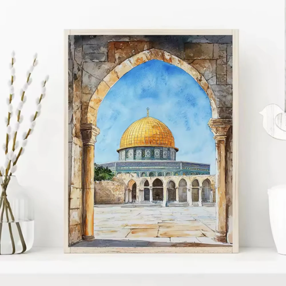 Al-Aqsa Mosque Kaaba Islamic canvas poster, modern living room decoration painting, home decor, office, cafe, frameless