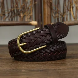 3.0CM Pure Cowhide Genuine Leather for Women High Quality Jeans Brass Buckle Knit Female Belts Cowboy Ladies Fashion Designer
