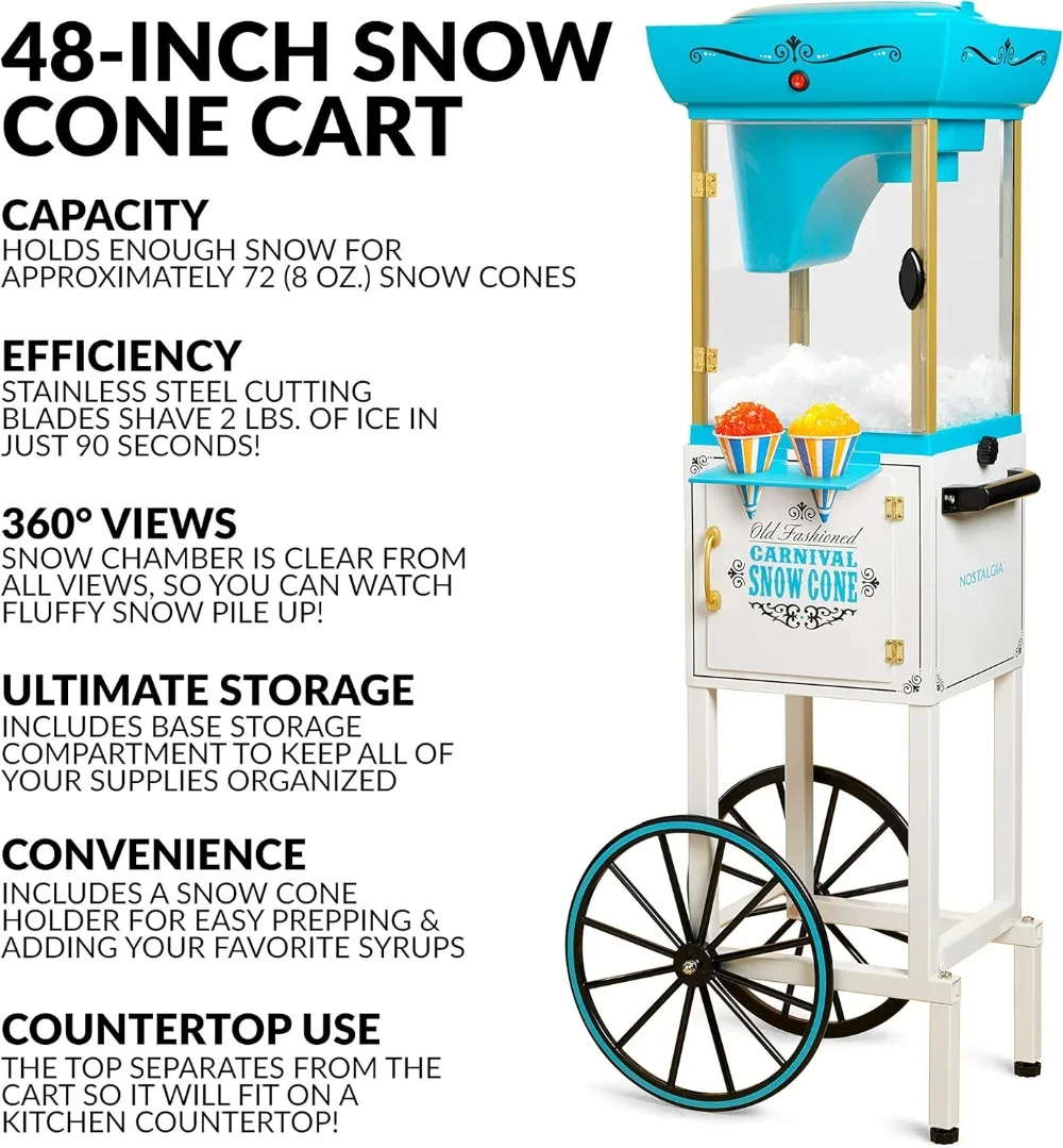 Snow Cone Shaved Ice Machine Retro Cart Slushie Machine Makes 48 Icy Treats Includes Metal Scoop Storage Compartment